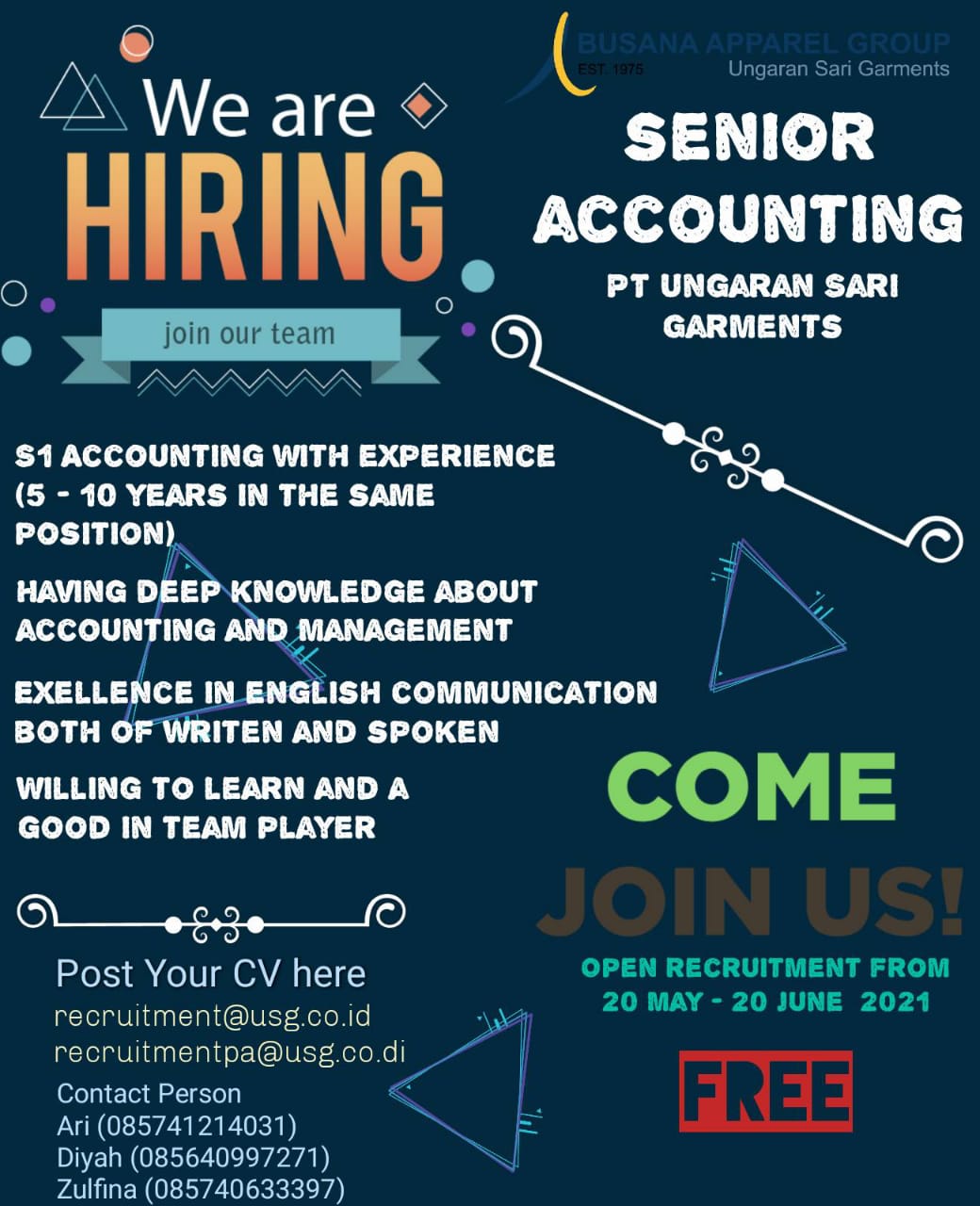 LOKER SENIOR ACCOUNTING PT UNGARAN SARI GARMENT
