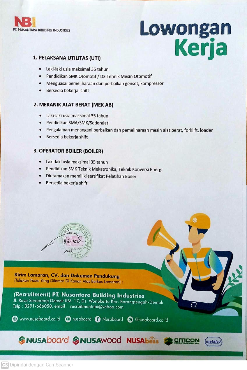 LOKER PELAKSANA UTILITAS, MEKANIK ALAT BERAT, OPERATOR BOILER PT NBI