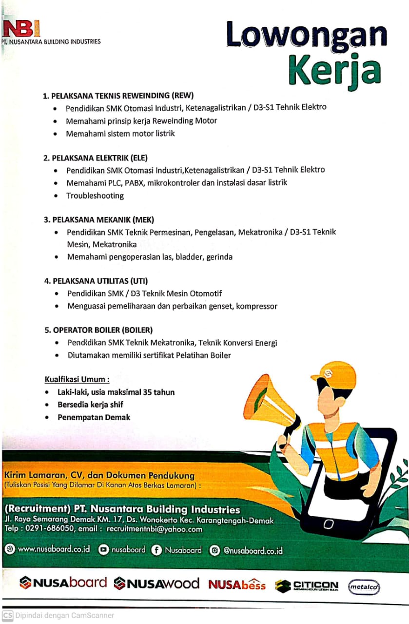 LOKER PELAKSANA REWEINDING, ELEKTRIK, MEKANIK, UTILITAS DAN OPERATOR BOILER PT NBI