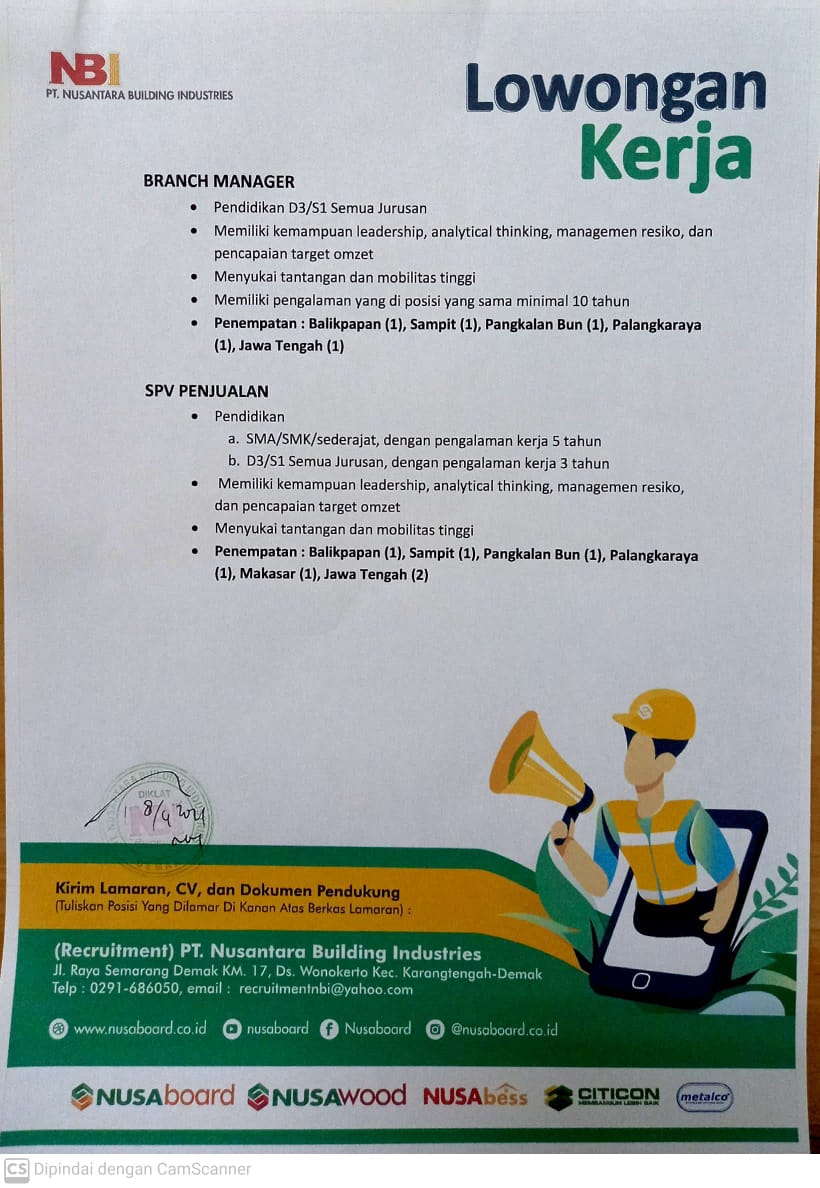 LOKER BRANCH MANAGER, SPV PENJUALAN PT NBI