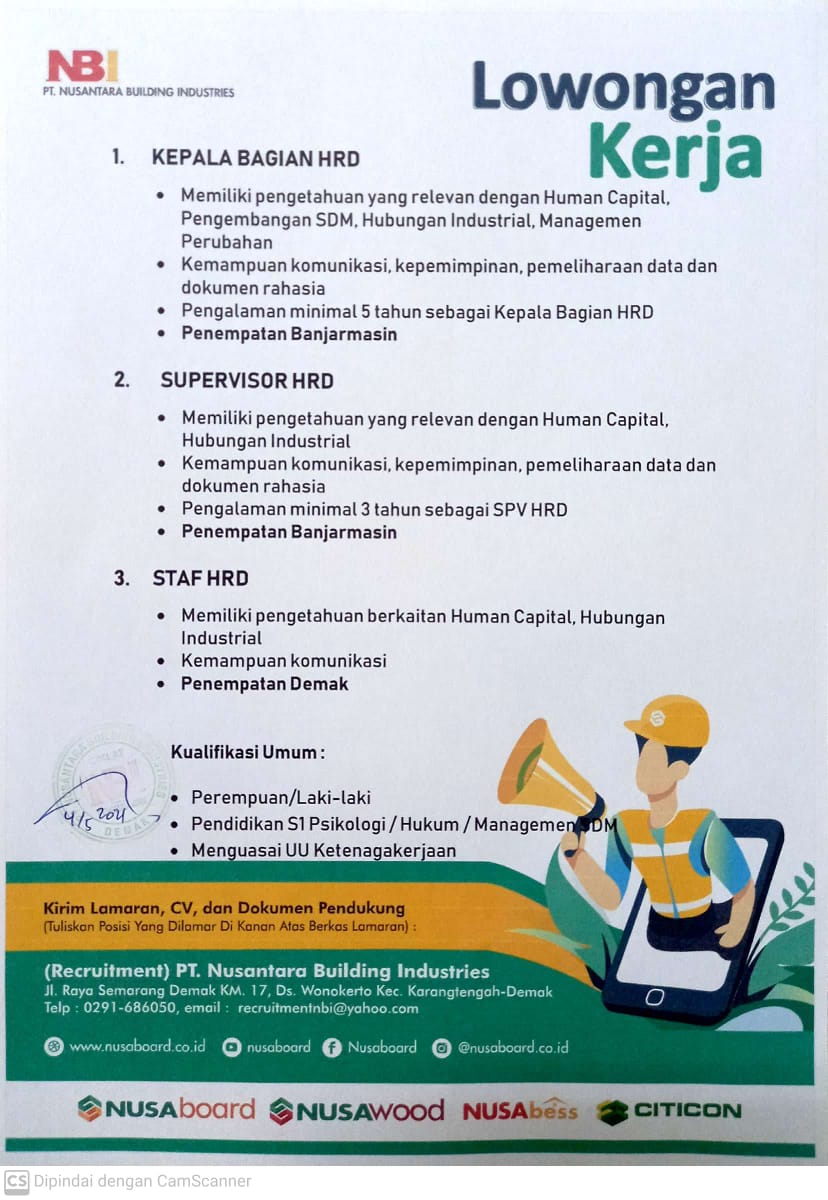 LOKER KABAG HRD, SUPERVISOR HRD, STAF HRD PT NBI