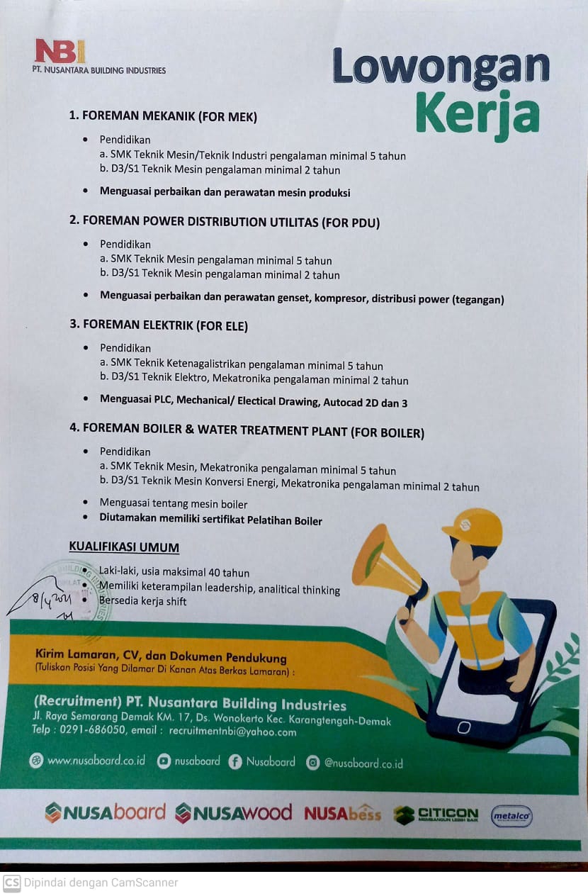 LOKER FOREMAN MEKANIK, POWER DISTRIBUTION UTILITAS, ELEKTRIK, BOILER & WATER TREATMENT PLANT PT NBI