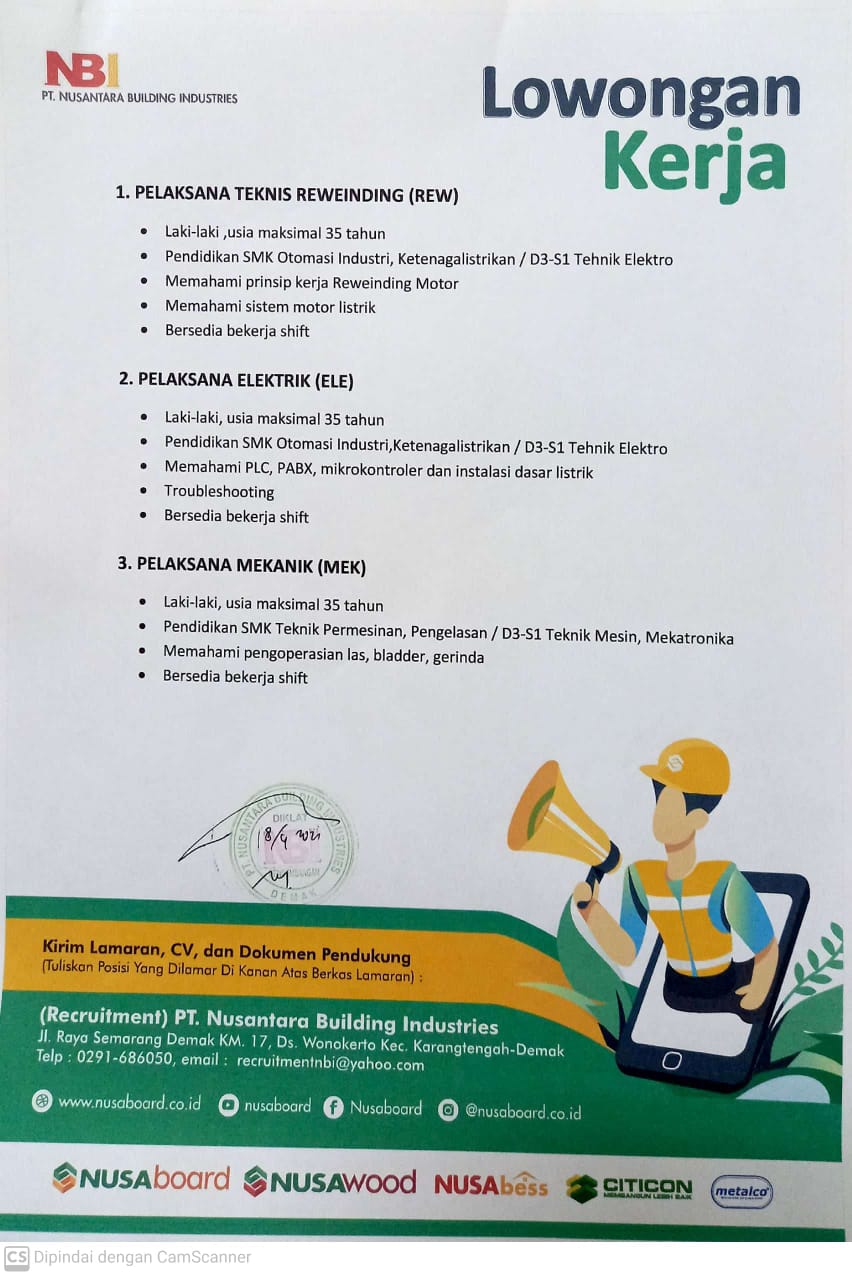 LOKER PELAKSANA TEKNIS REWEINDING, ELEKTRIK DAN MEKANIK PT NBI