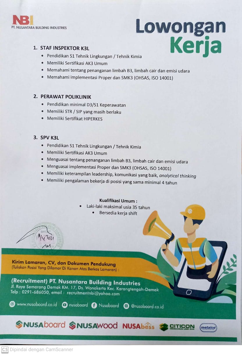 LOKER STAF INSPEKTOR K3L, PERWAT POLIKLINIK, SPV K3L PT NBI