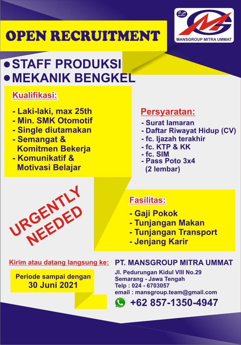 LOKER STAFF PRODUKSI & MEKANIK BENGKEL MANSGROUP MITRA UMMAT