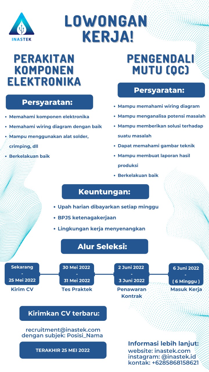 LOKER PERAKITAN KOMPONEN ELEKTRONIKA DAN PENGENDALI MUTU (QC) INASTEK