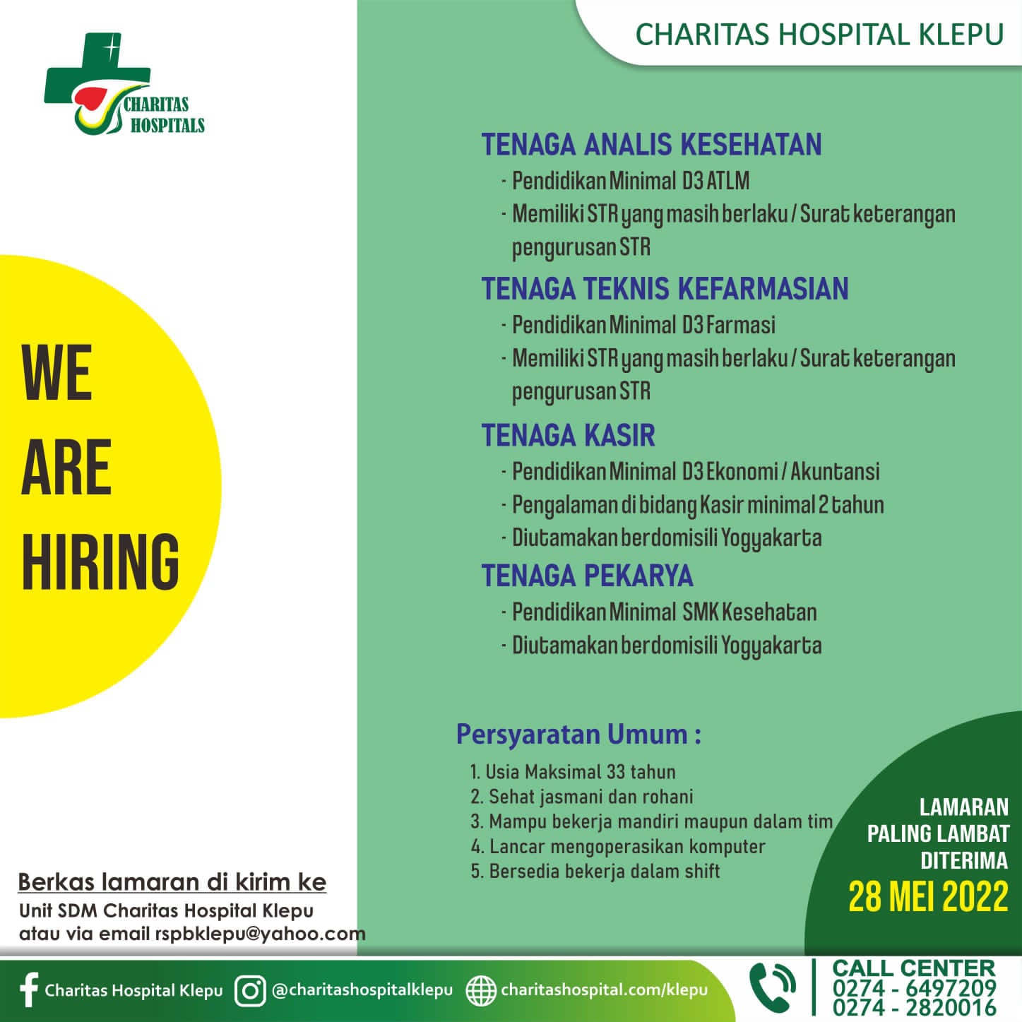 LOKER TENAGA ANALIS KESEHATAN, TENAGA TEKNIS FARMASI, TENAGA KASIR, TENAGA PEKARYA CHARISTAS HOSPITALS