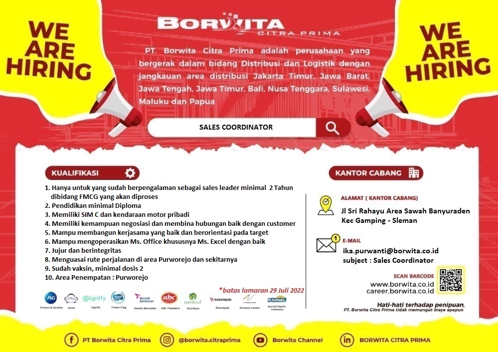 LOKER SALES COORDINATOR PT BORWITA CITRA PRIMA