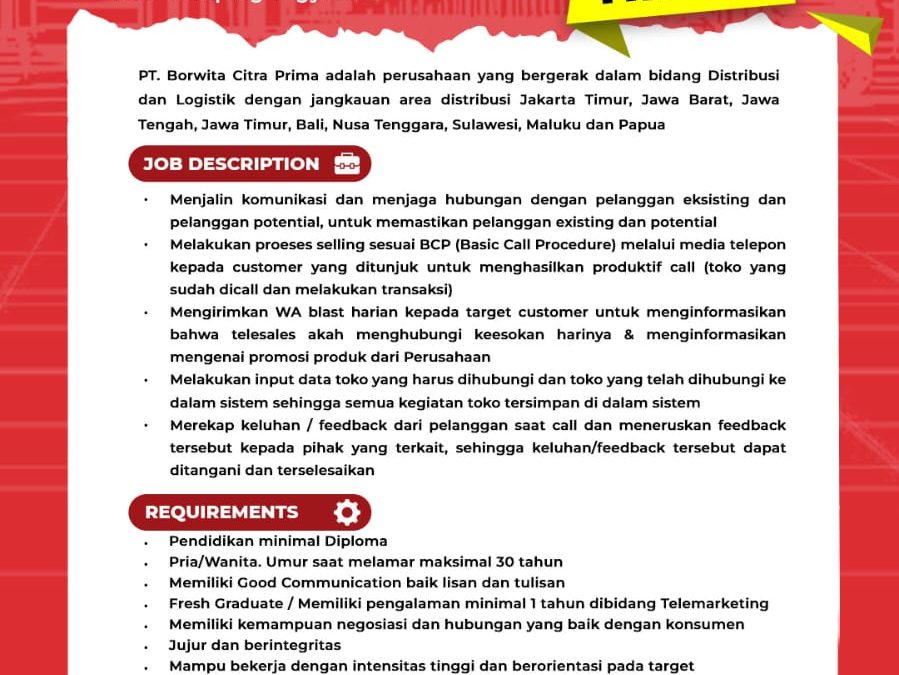 Lowongan Kerja  PT Borwita Citra Prima