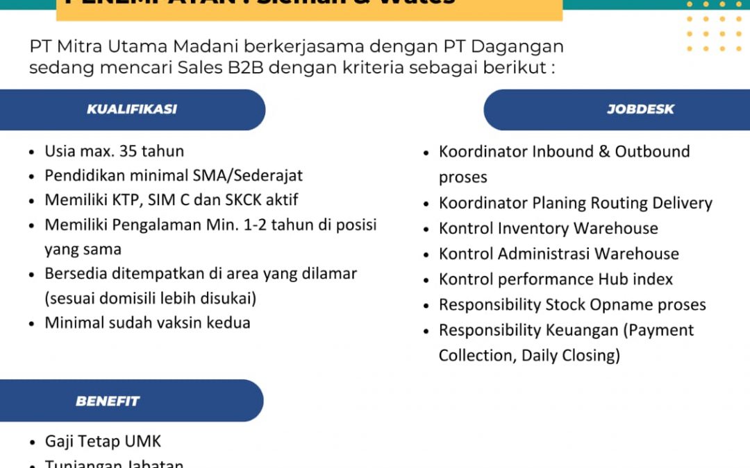 Info Lowongan Pekerjaan PT Mitra Utama Madani Yogyakarta