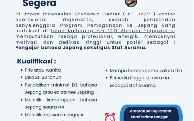 Lowongan Kerja PT Japan Indonesian Economic Center (JIAEC) – Pengajar Bahasa Jepang/Staff Asrama