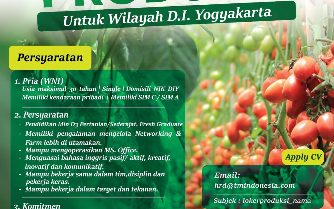 Lowongan Kerja PT Tani Murni Indonesia – Staff Produksi