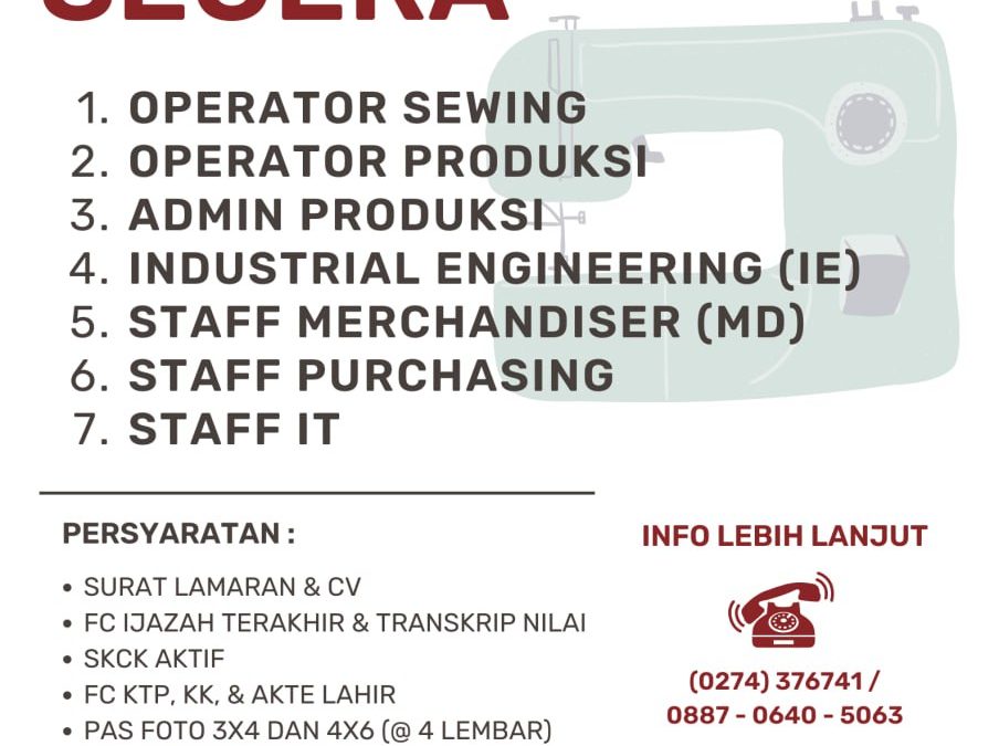 Lowongan Kerja PT Komitrando – Operator Sewing, Operator Produksi, Admin Produksi, Industrial Engineering (IE), Staff Merchandiser (MD), Staff Purchasing, dan Staff IT