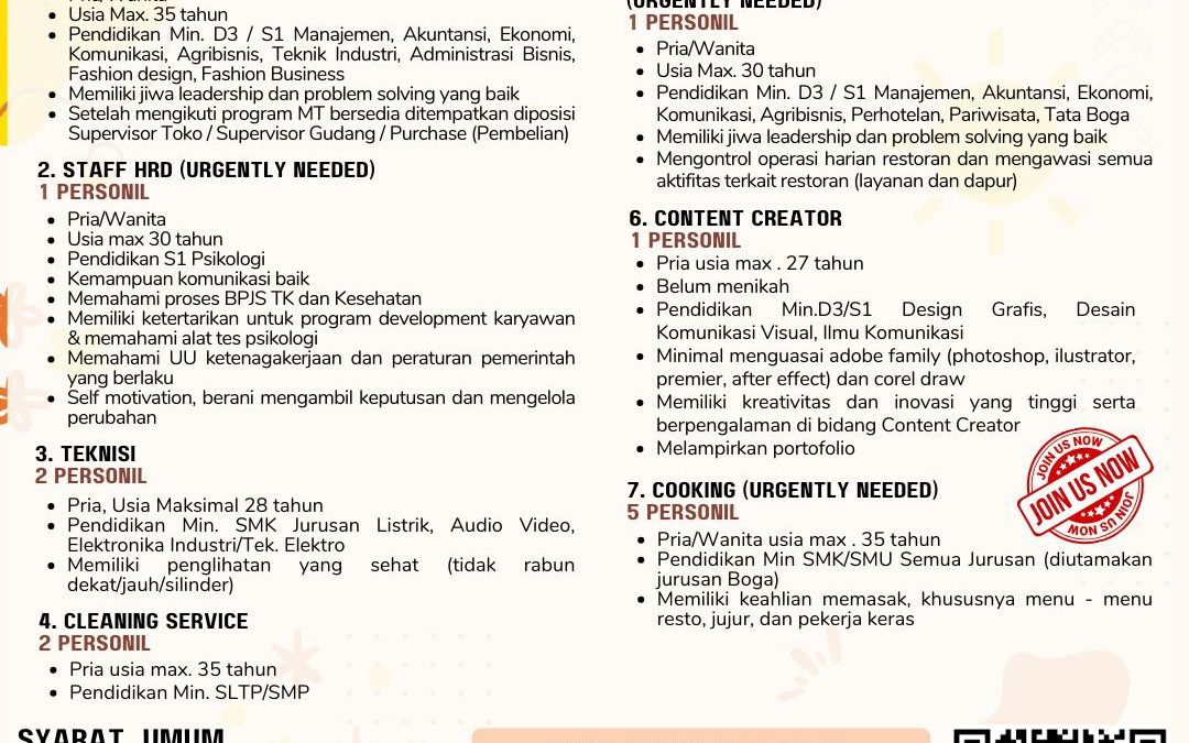 Lowongan Kerja Manna Kampus – Management Trainee, Staff HRD, Teknisi, Cleaning Service, Spv Resto Lega Legi, Content Creator, Cooking, dan Pramuniaga Event