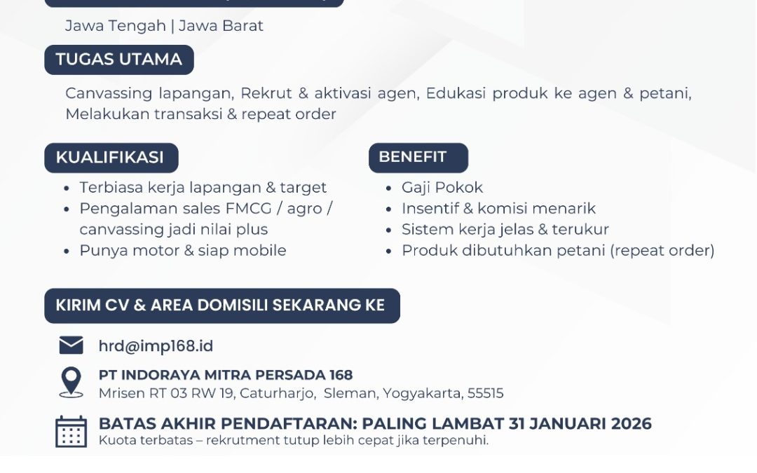 Lowongan Kerja PT IndoRaya Mitra Persada 168 – Sales Canvassing/Komersial
