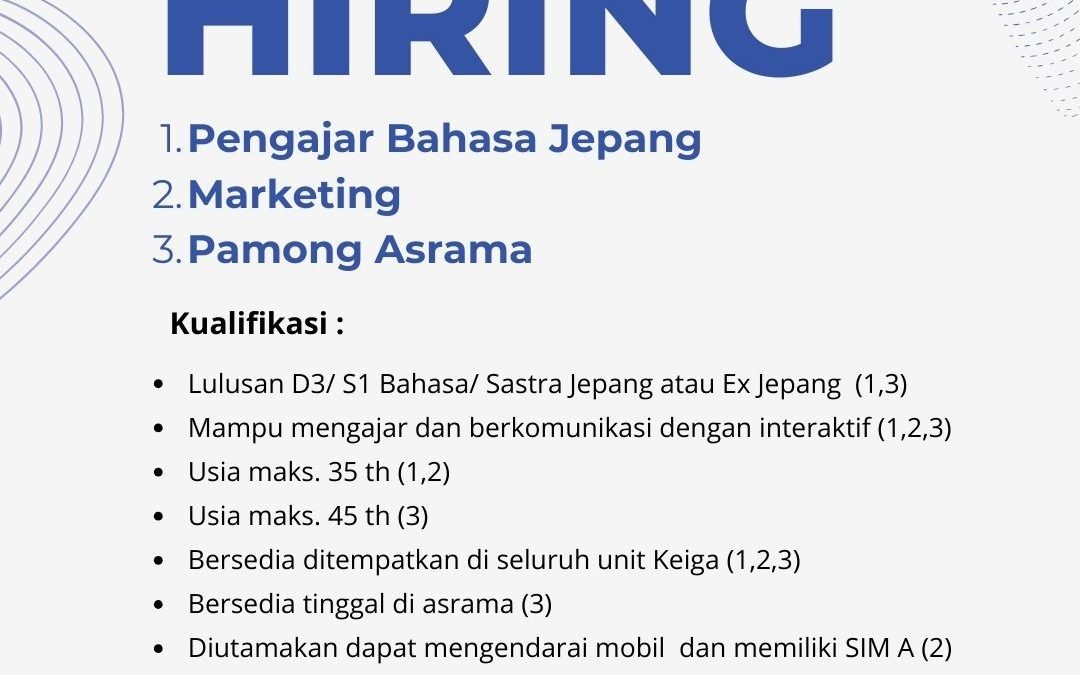 Lowongan Kerja PT Keiga Anindha Indonesia – Pengajar Bahasa Jepang, Pamong Asrama, dan Marketing