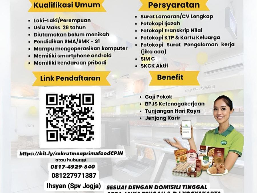 Lowongan Kerja PT Prima Food – Crew Store, Spv Area, Team Event, dan Salesman