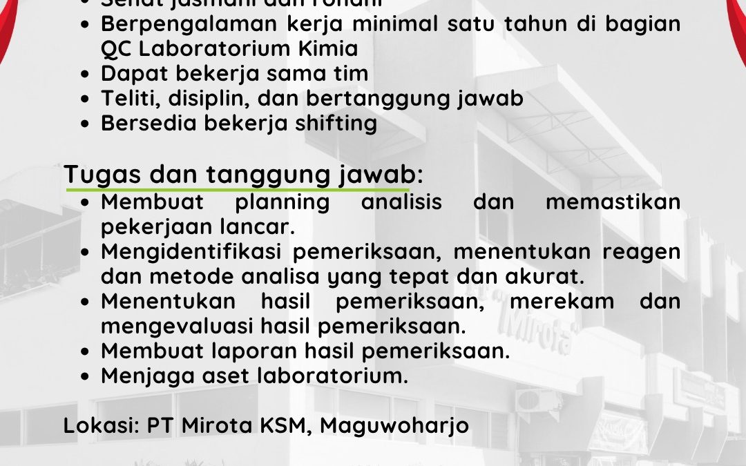 Lowongan Kerja PT Mirota KSM – QC Lab Kimia, QC In Process Control, dan SPG Susu Lactona