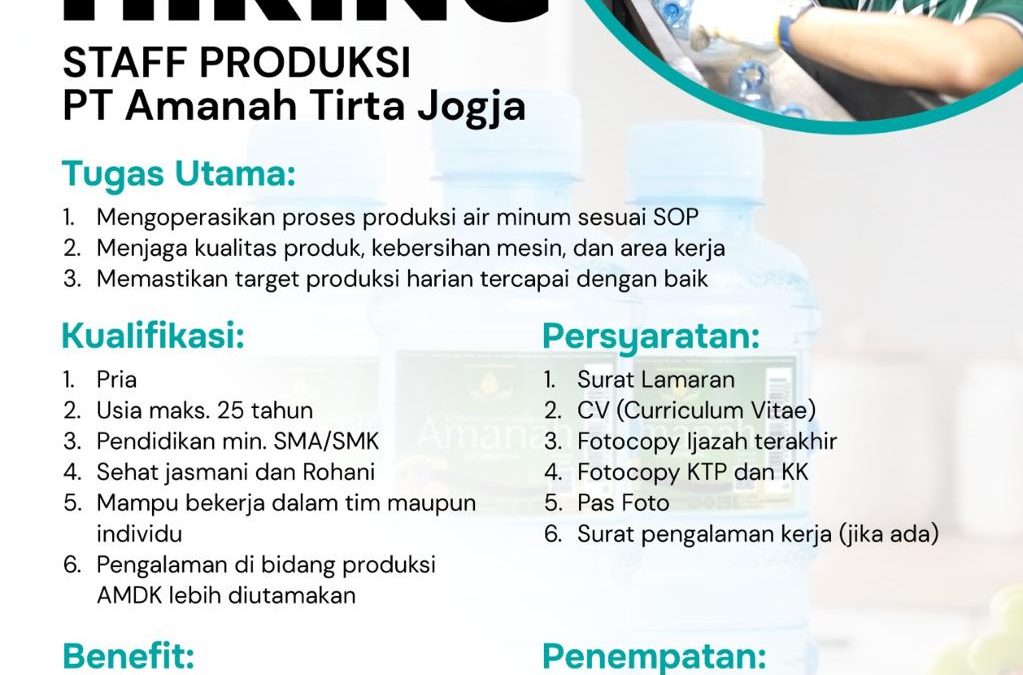 Lowongan Kerja PT Amanah Tirta Jogja – Staff Produksi