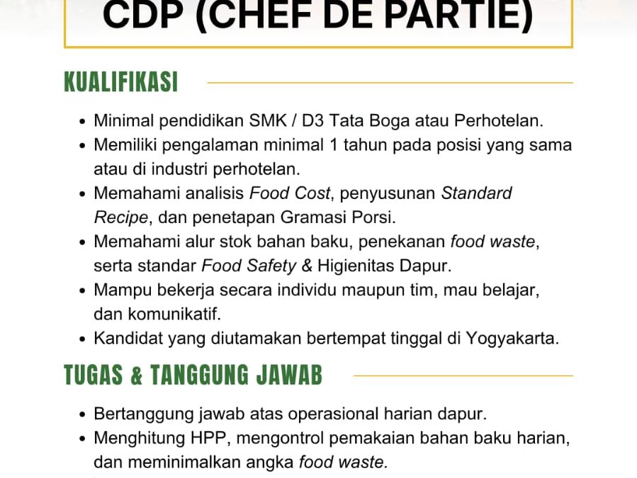 Lowongan Kerja Java Village Resort – CDP (CHEF DE PARTIE)